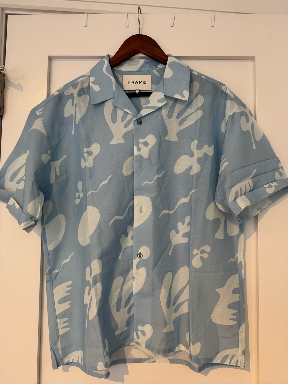 Frame Denim Light Blue & White Abstract Camp Shirt